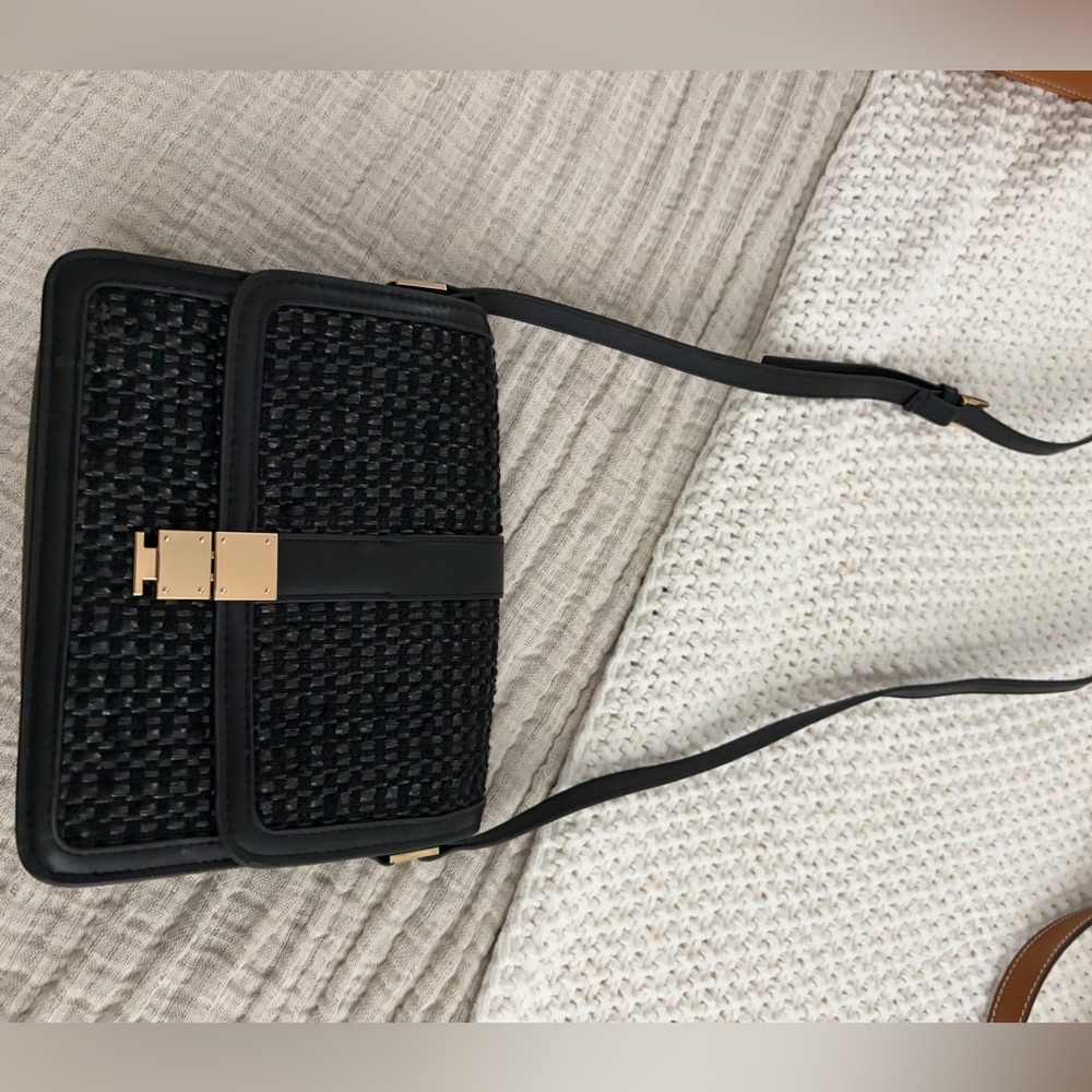 H&M Black Woven Crossbody Bag with Gold Hardware